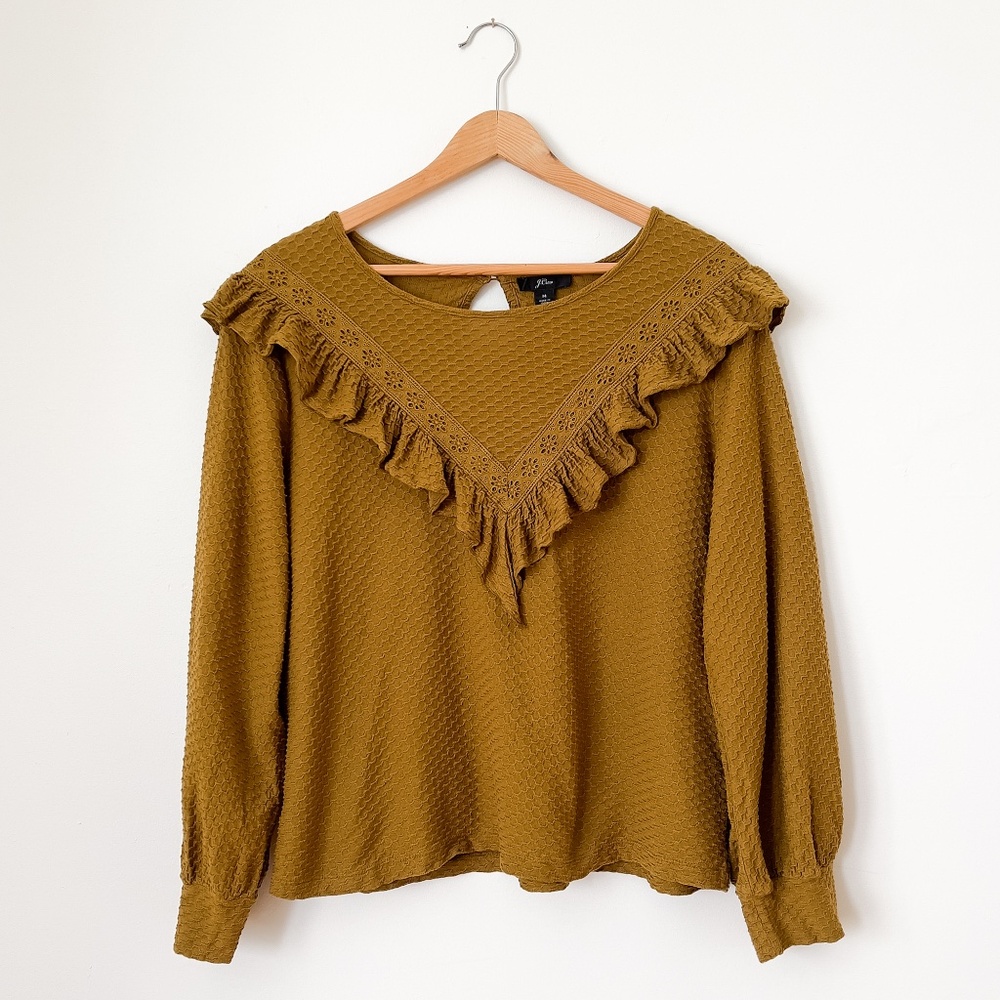 J Crew Mustard Olive Ruffled Embroidered Honeycomb Knit Prairie Top - Sz Medium